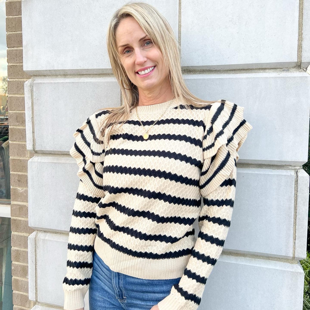 Beige/Black Striped Ruffled Textured Sweater Clothing Affection Apparel   