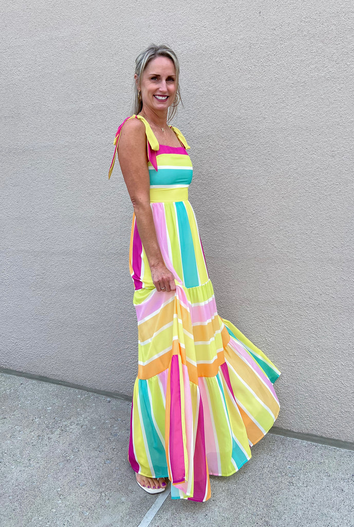 Multi Striped Tiered Maxi Dress Clothing Flying Tomato   