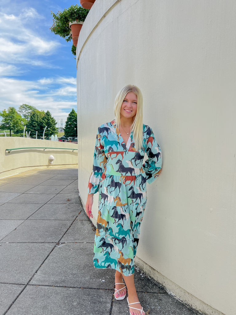 Light Blue Horse Print Maxi Dress Clothing Sunday Up   