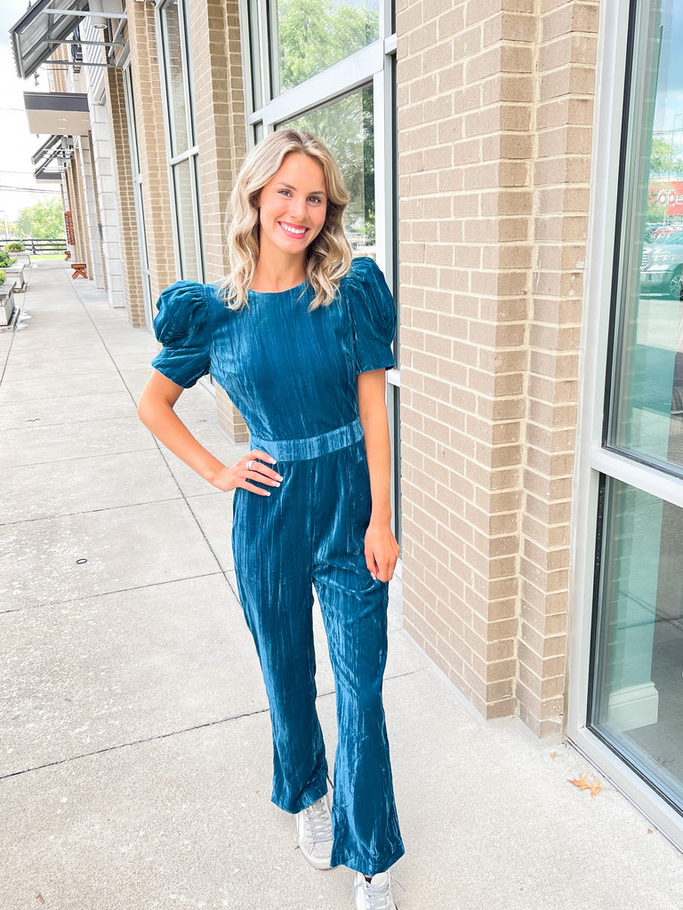 Teal Velvet Puff Slv Open Back Jumpsuit Clothing Adelyn Rae   