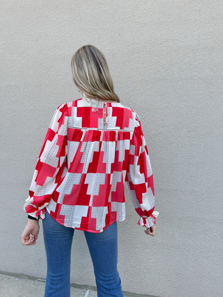Red/White Geo Heart Print Top Clothing Fate   
