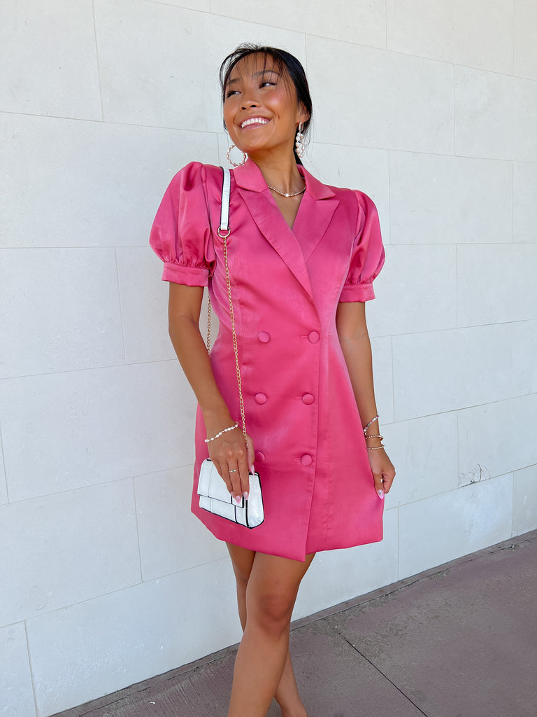 Pink Satin S/S Blazer Dress Clothing Adelyn Rae   
