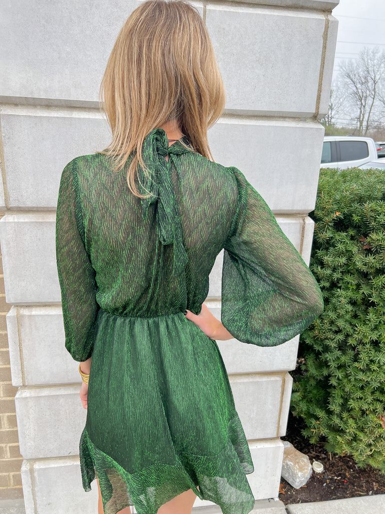 Green Metallic Sparkle Mock Neck Dress Clothing THML   
