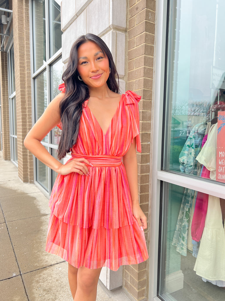 Orange/Pink V-neck Ruffle Tiered Dress Clothing GPD   