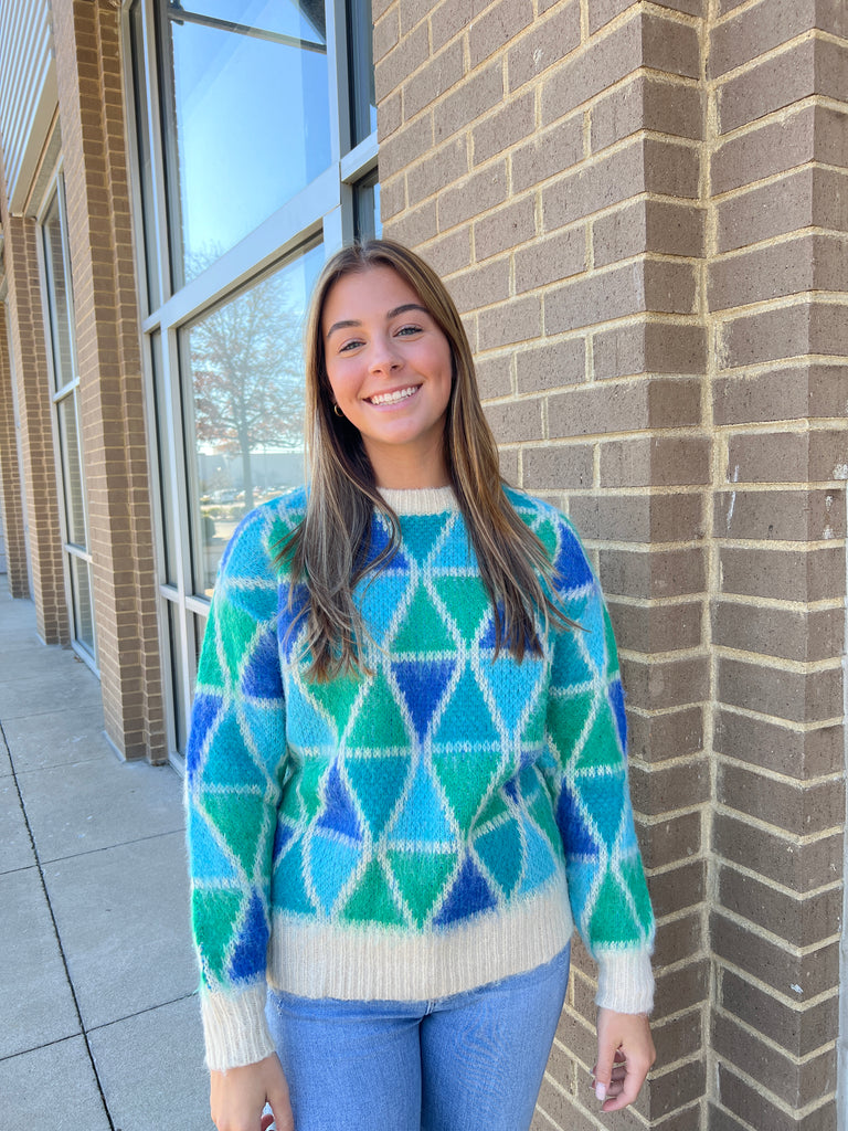 Emerald/Blue Triangle Print Fuzzy Sweater Clothing Molly Bracken   