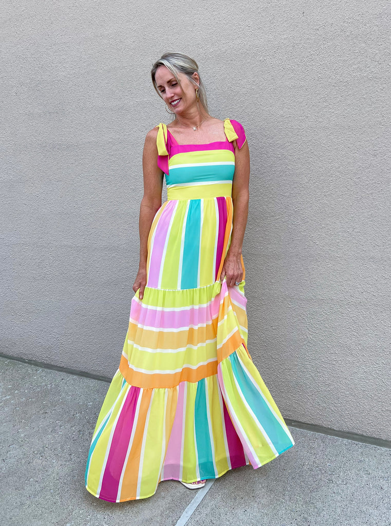 Multi Striped Tiered Maxi Dress Clothing Flying Tomato   