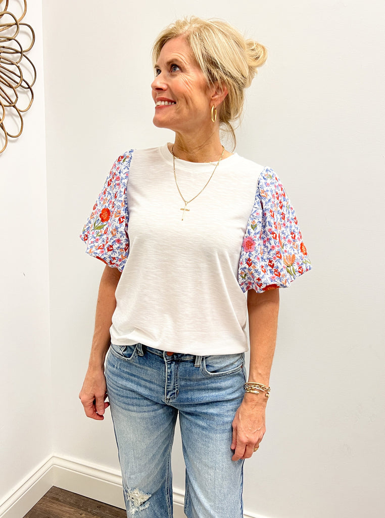 White W/ Floral Embroidered Puff Slv Top Clothing THML   