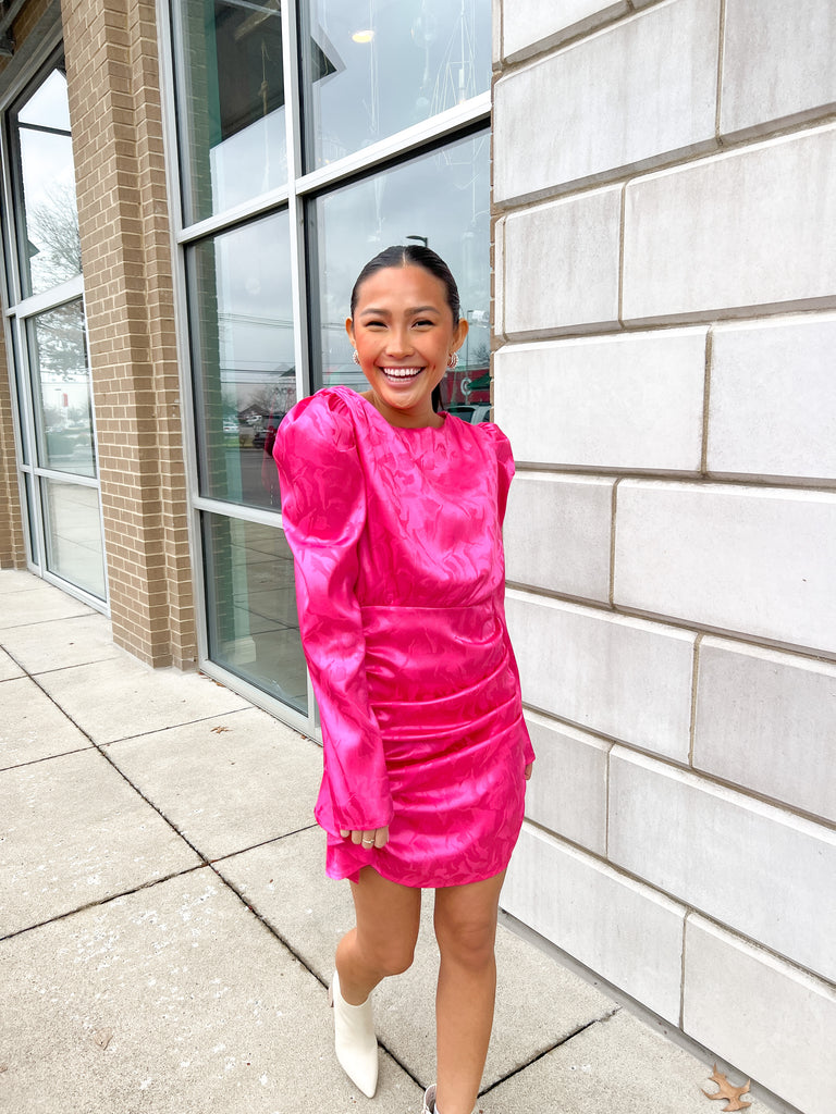 Hot Pink Ruched Long Puff Slv. Dress Peacocks & Pearls Lexington Hot Pink Ruched Long Puff Slv. Dress Peacocks & Pearls Lexington