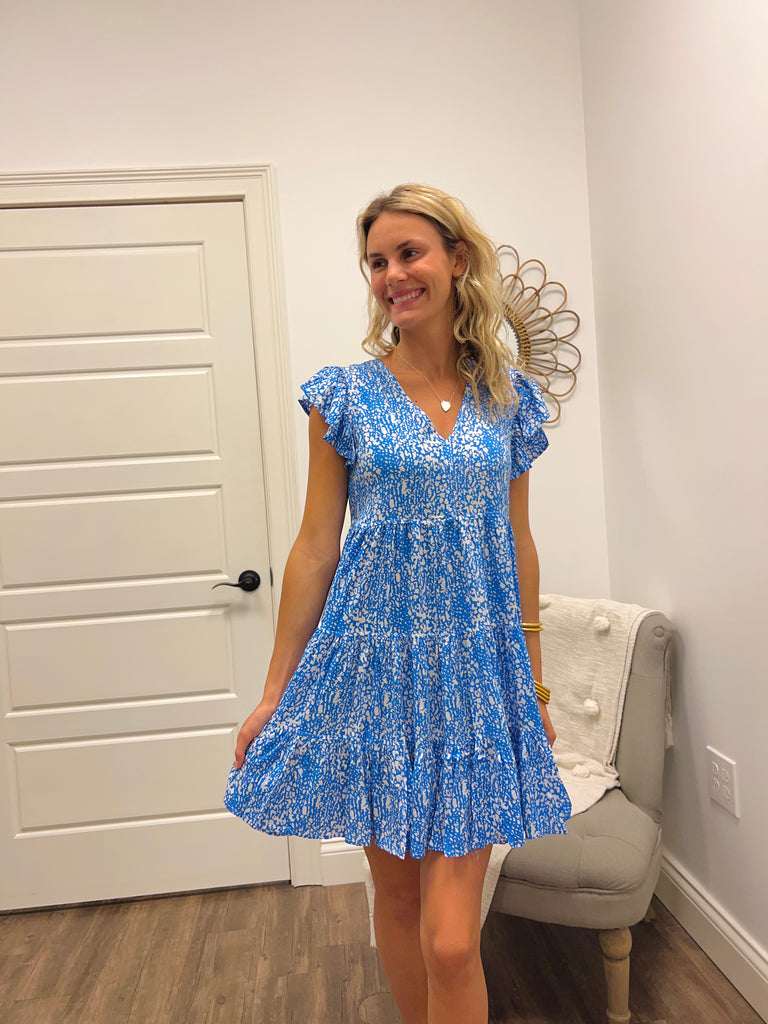 Blu/Wht Print Flutter Sleeve Tiered Dress Clothing Pinch   