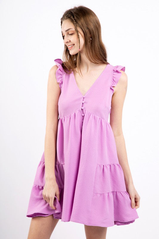 V-Neck Ruffle Sleeve Tiered Button-Front Mini Dress Clothing Very J S Lavender 