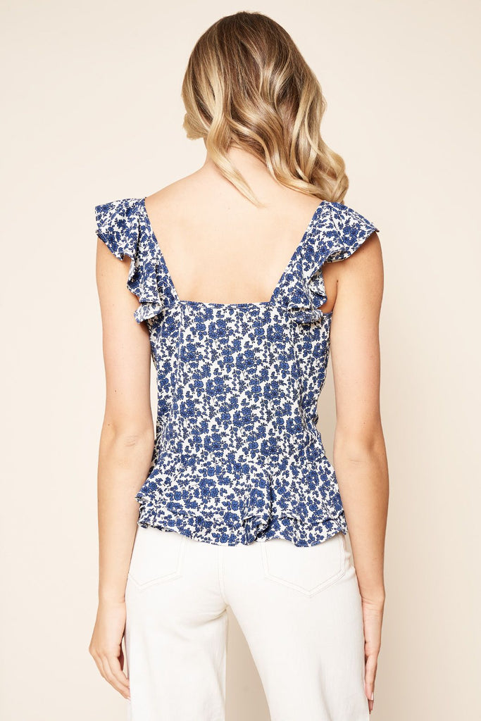 Blu/Wht Floral Ruffle Top Clothing SugarLips   