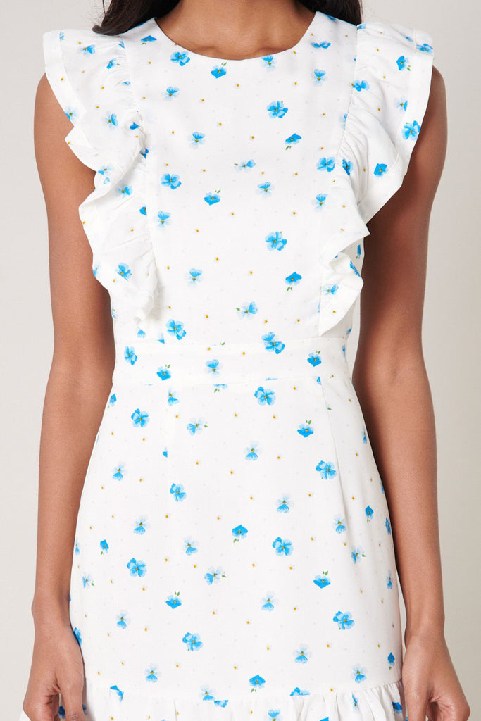 White/Blue Floral Slv/less High Neck Dress Clothing SugarLips   