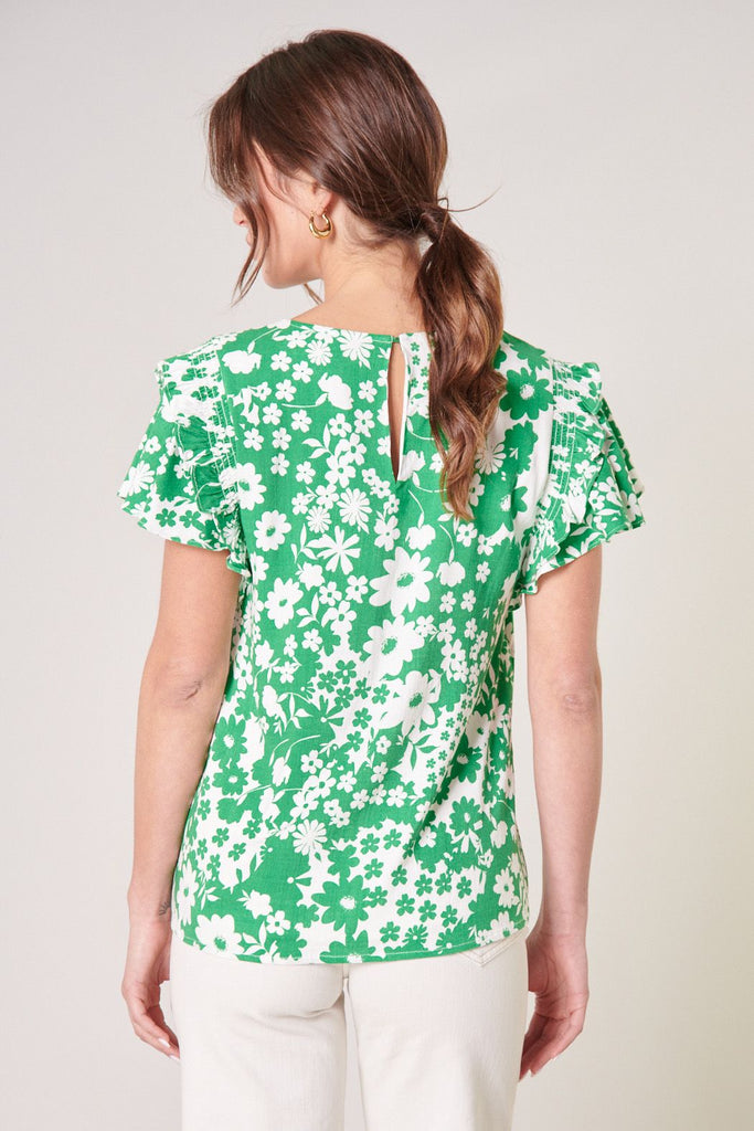 Green/Wht Floral S/S Ruffle Top Clothing SugarLips   