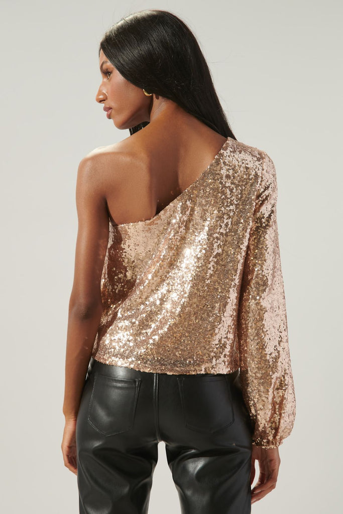 Champagne Sequin One Shoulder Top Clothing SugarLips   
