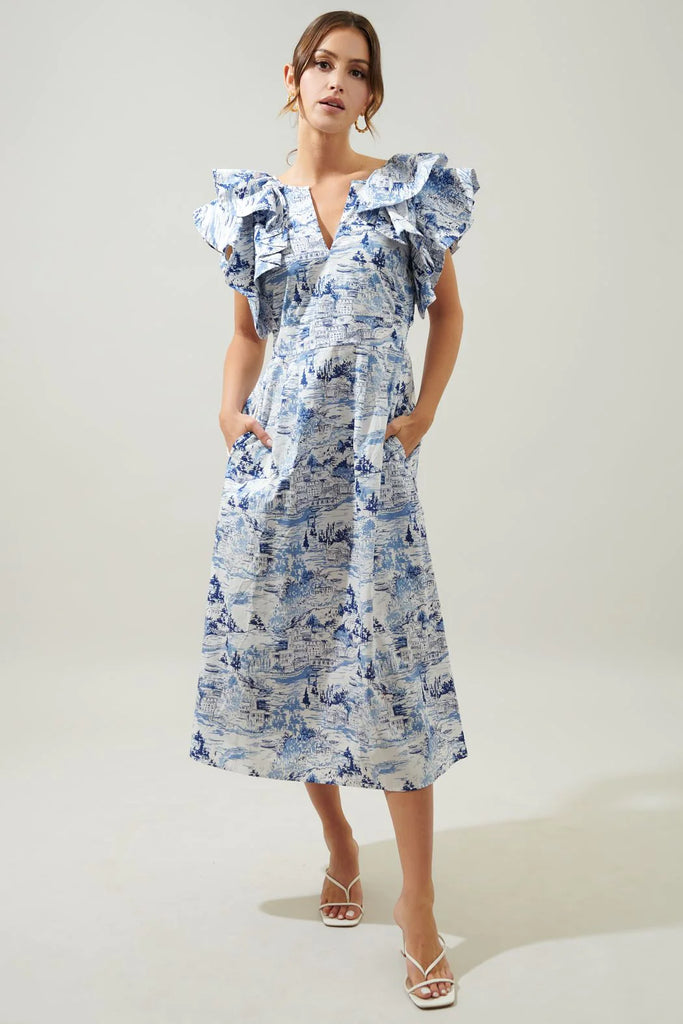 Blue/White Toile Ruffle Slv Midi Dress Clothing SugarLips   